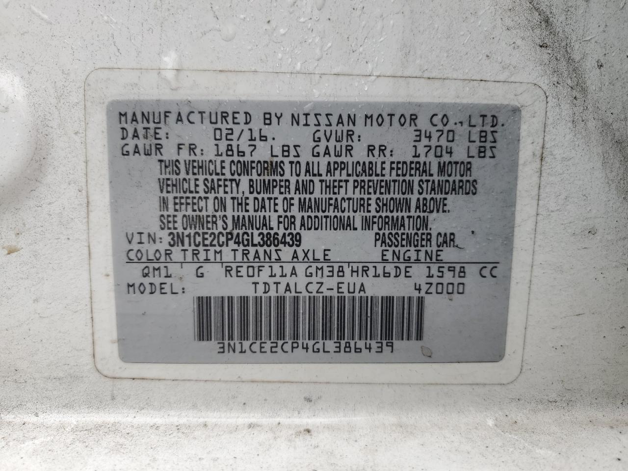 3N1CE2CP4GL386439 2016 Nissan Versa Note S