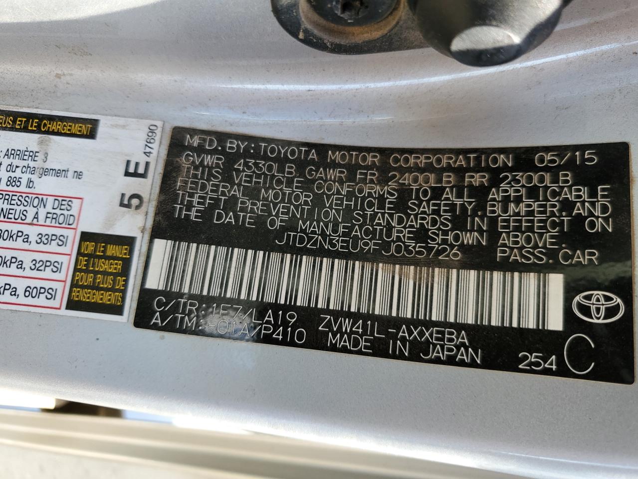 JTDZN3EU9FJ035726 2015 Toyota Prius V