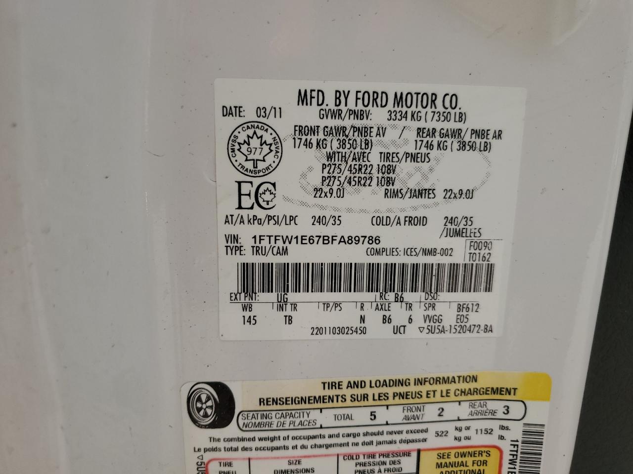 1FTFW1E67BFA89786 2011 Ford F150 Supercrew