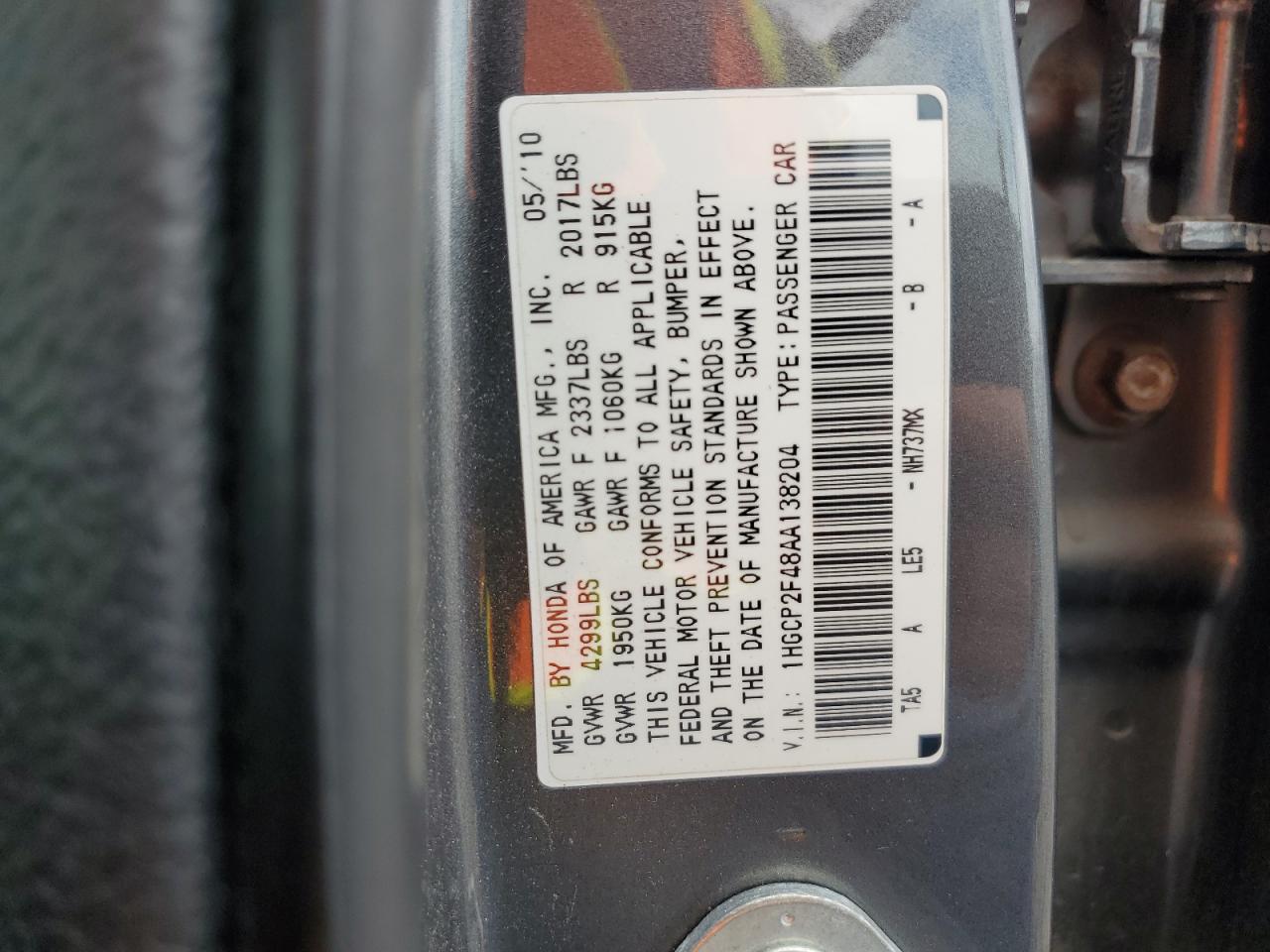 1HGCP2F48AA138204 2010 Honda Accord Lxp