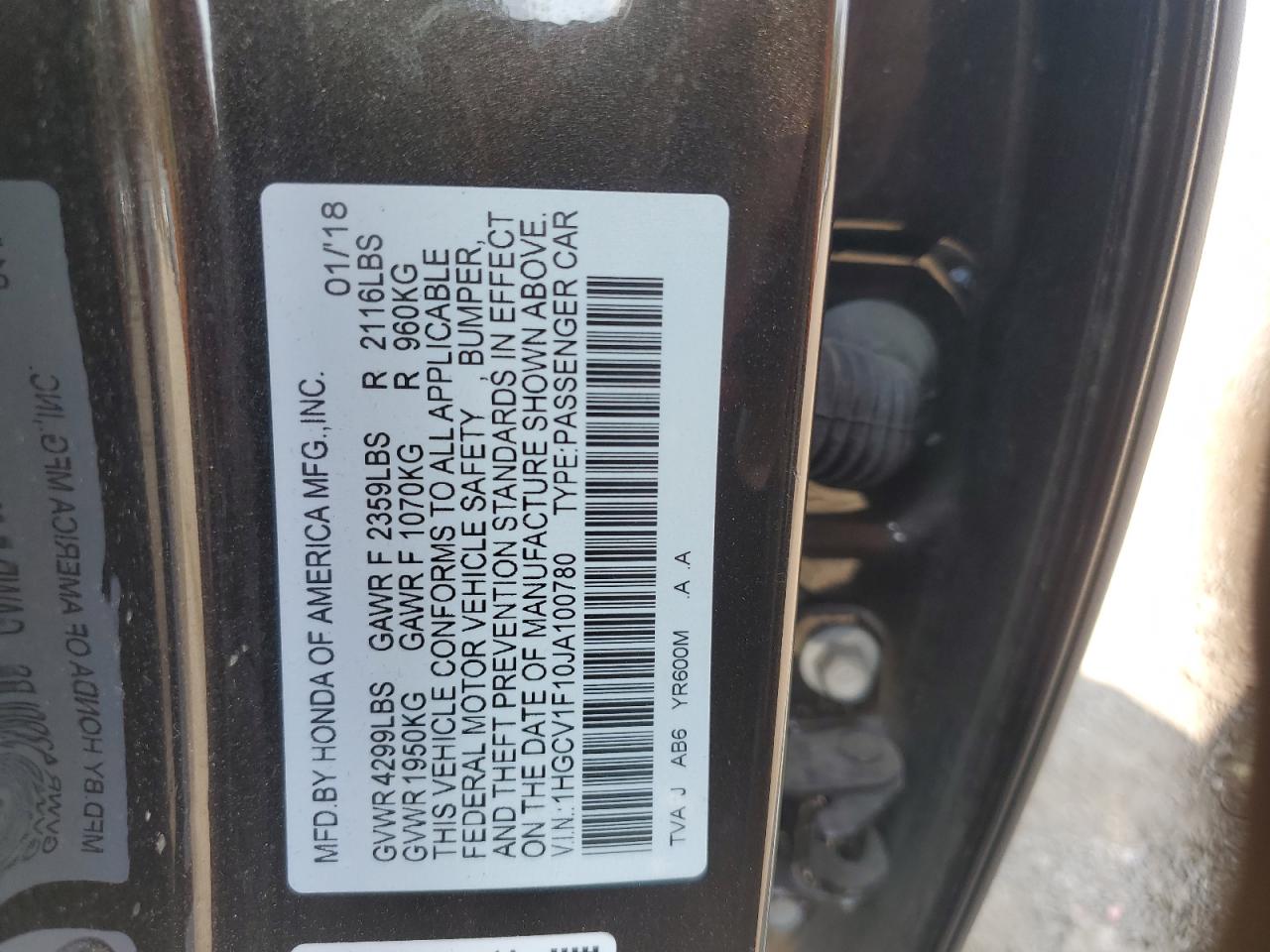 1HGCV1F10JA100780 2018 Honda Accord Lx