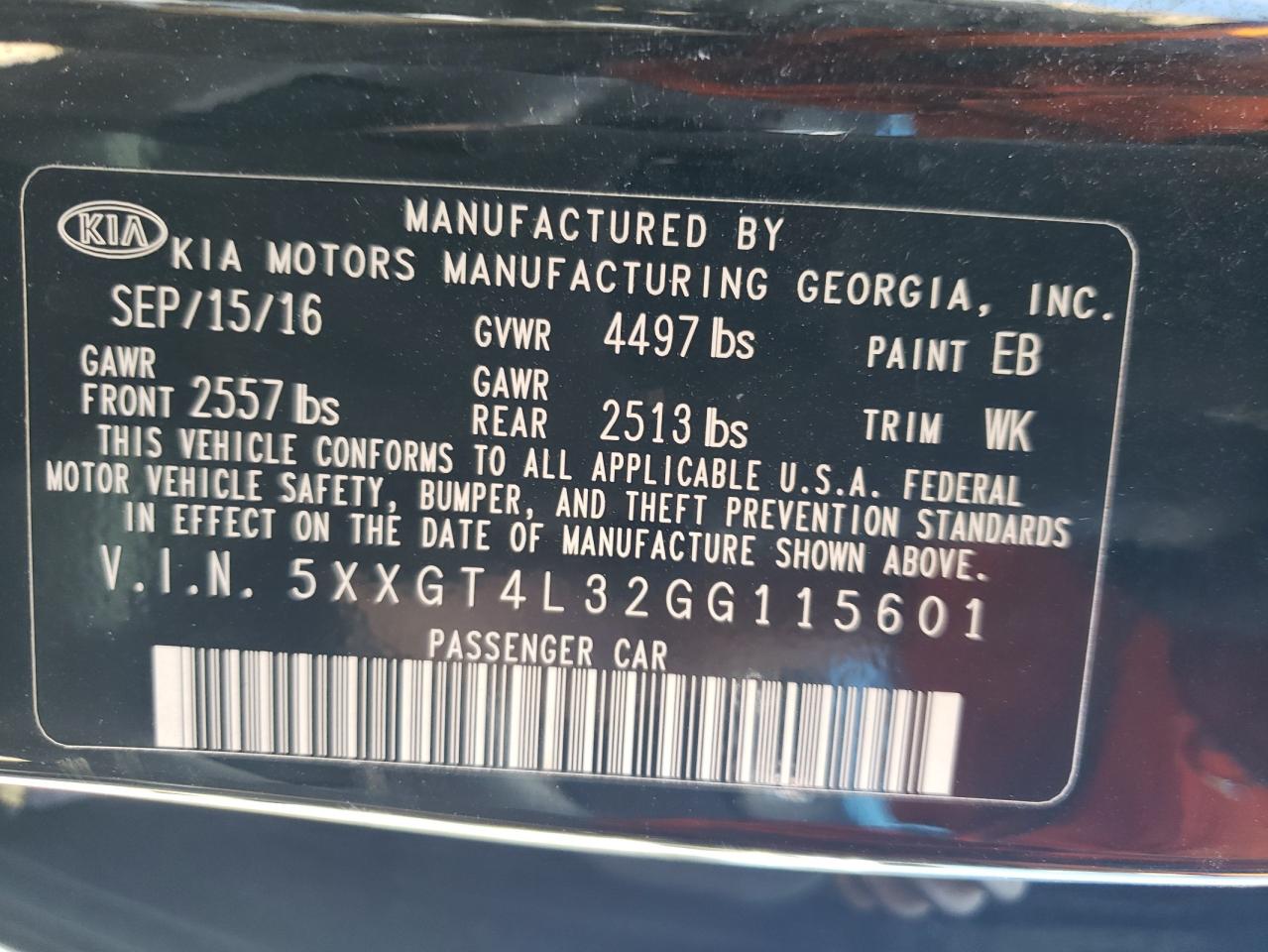 5XXGT4L32GG115601 2016 Kia Optima Lx