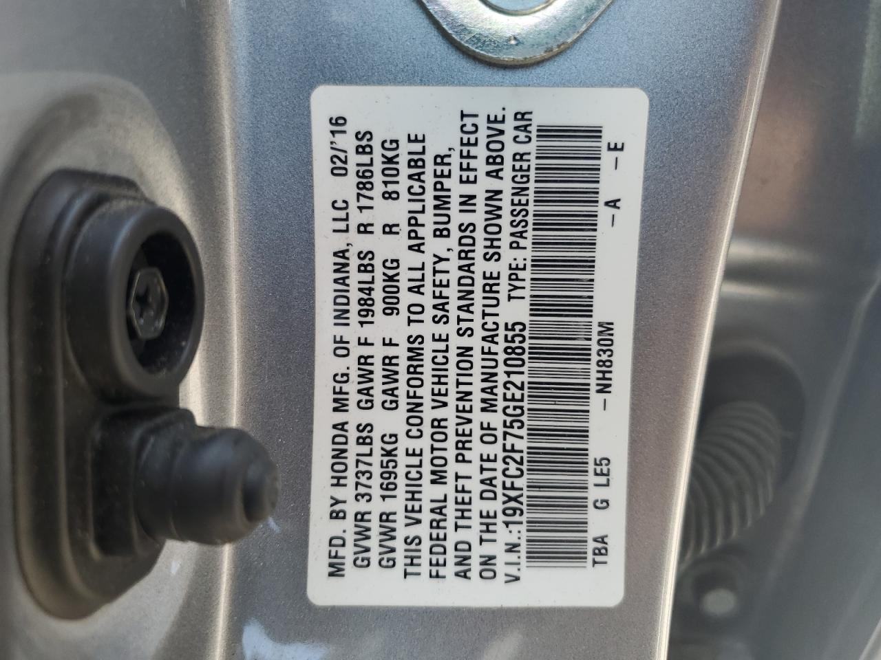 VIN 19XFC2F75GE210855 2016 HONDA CIVIC no.12