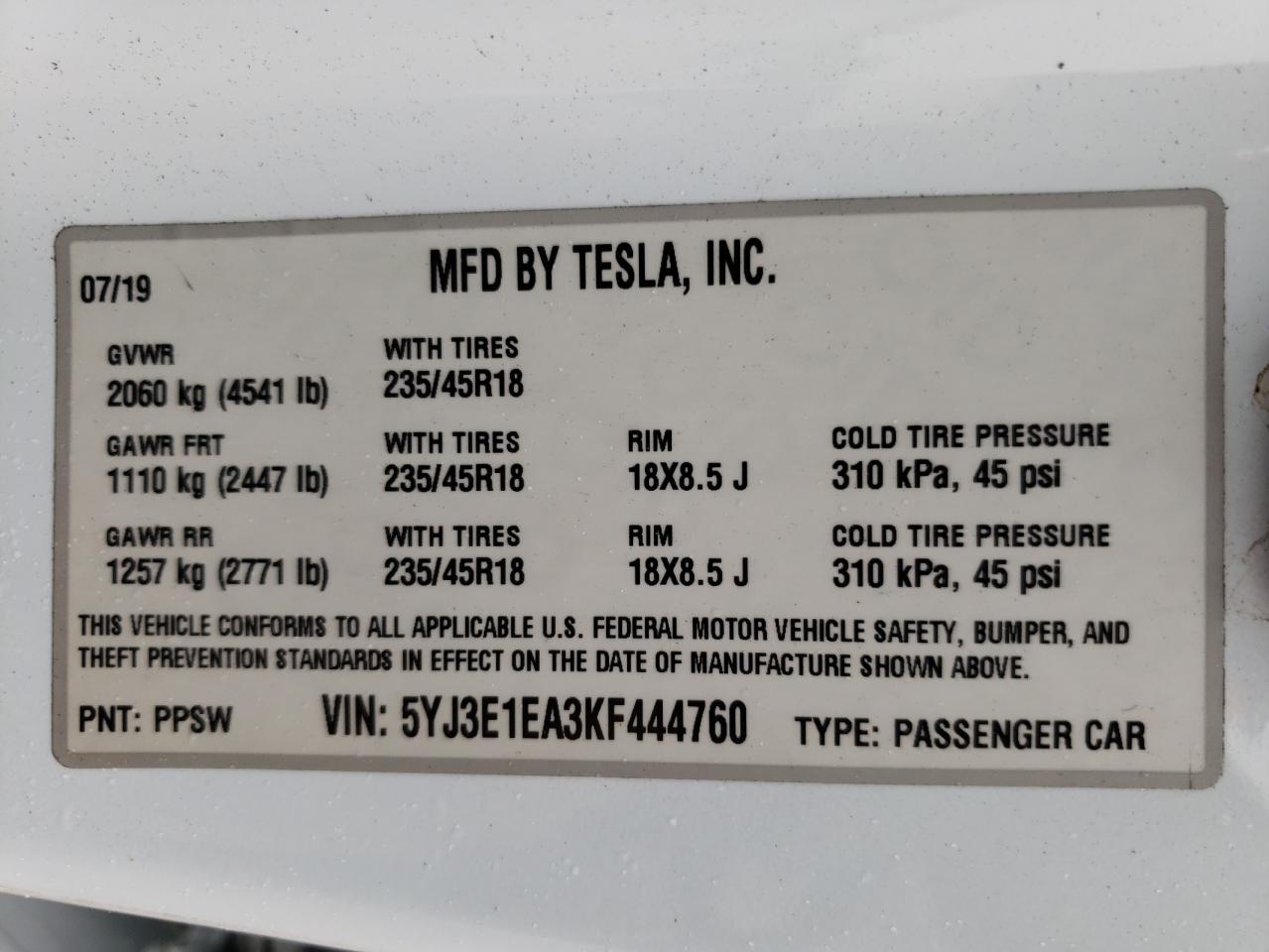 2019 Tesla Model 3 VIN: 5YJ3E1EA3KF444760 Lot: 72132744