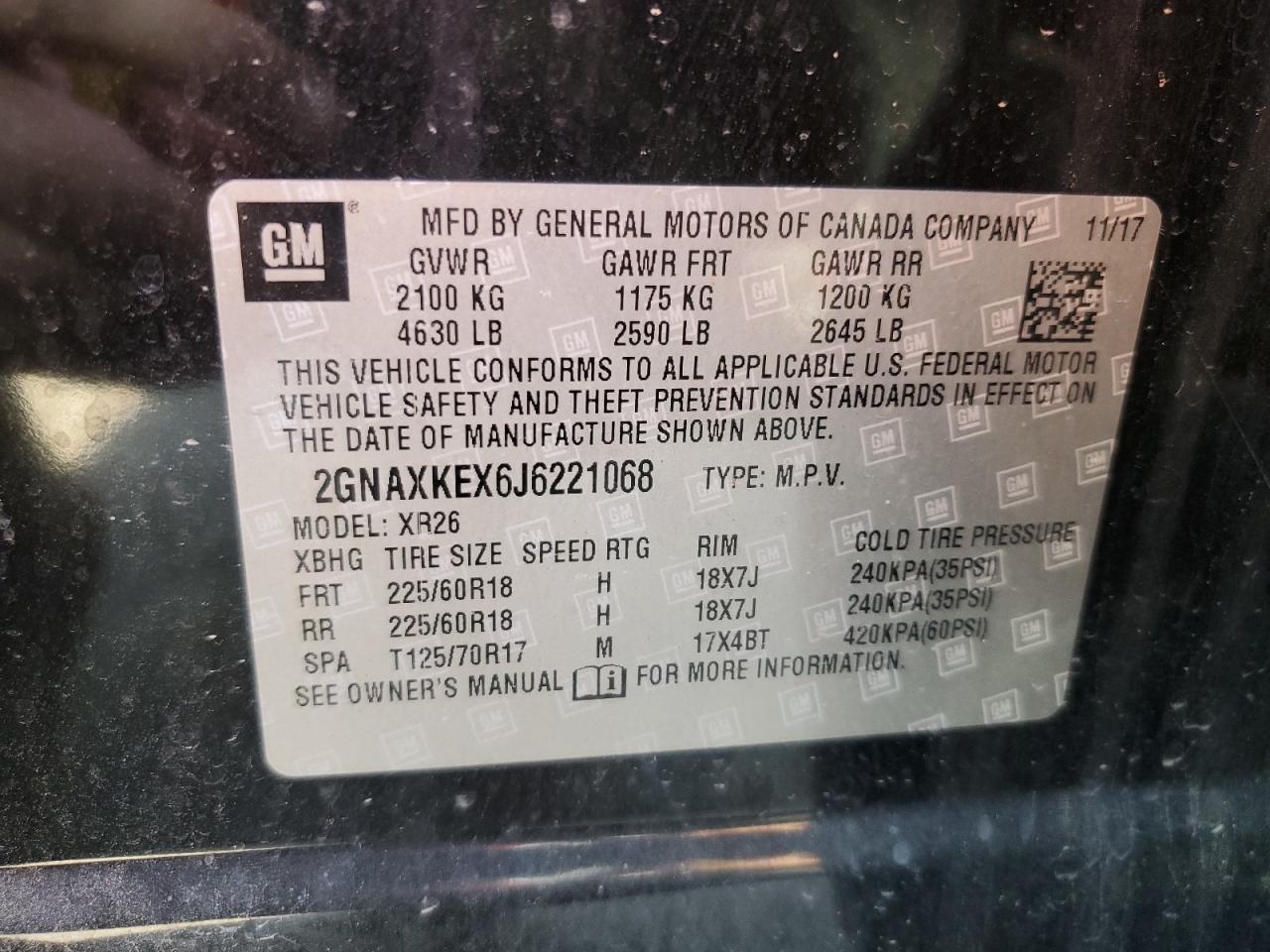 2GNAXKEX6J6221068 2018 Chevrolet Equinox Lt