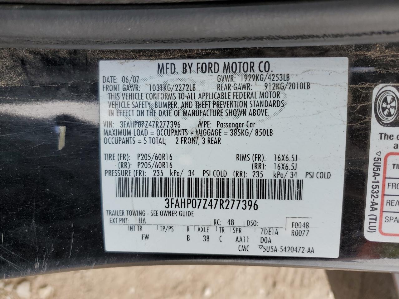 2007 Ford Fusion Se VIN: 3FAHP07Z47R277396 Lot: 71932404