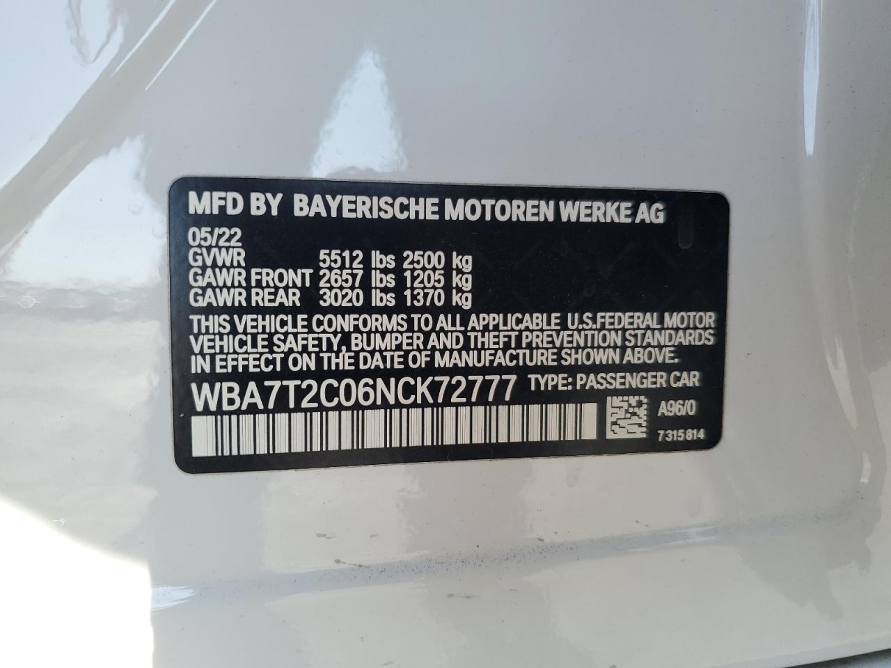 2022 BMW 740 I VIN: WBA7T2C06NCK72777 Lot: 72420104