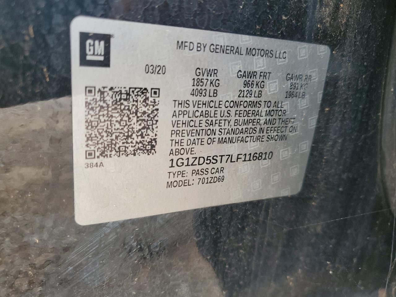 2020 Chevrolet Malibu Lt VIN: 1G1ZD5ST7LF116810 Lot: 70240634