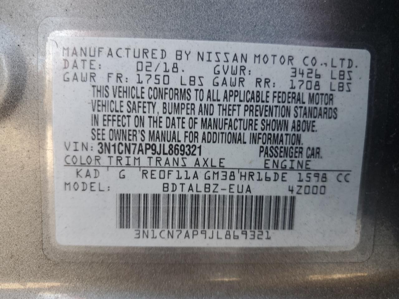 3N1CN7AP9JL869321 2018 Nissan Versa S