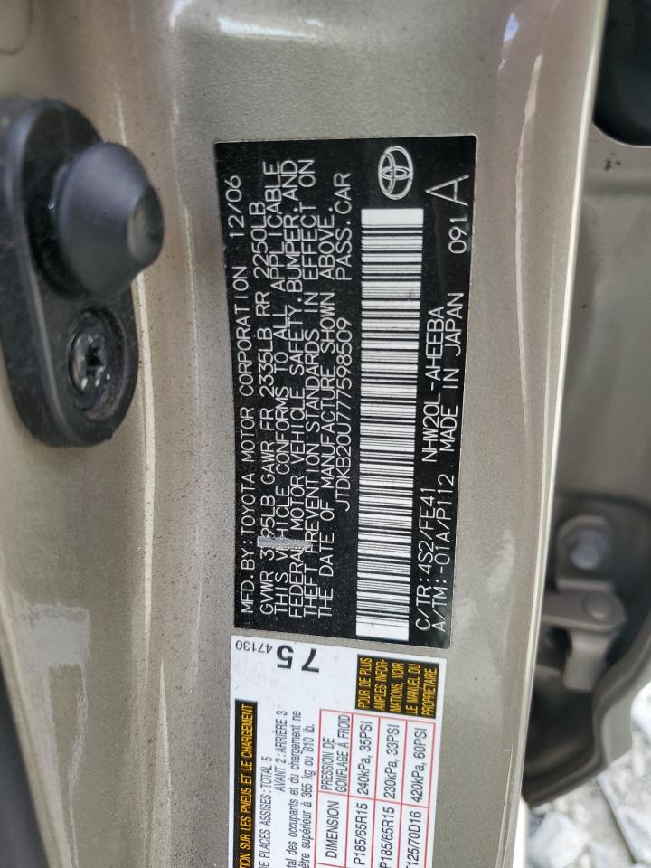 JTDKB20U777598509 2007 Toyota Prius