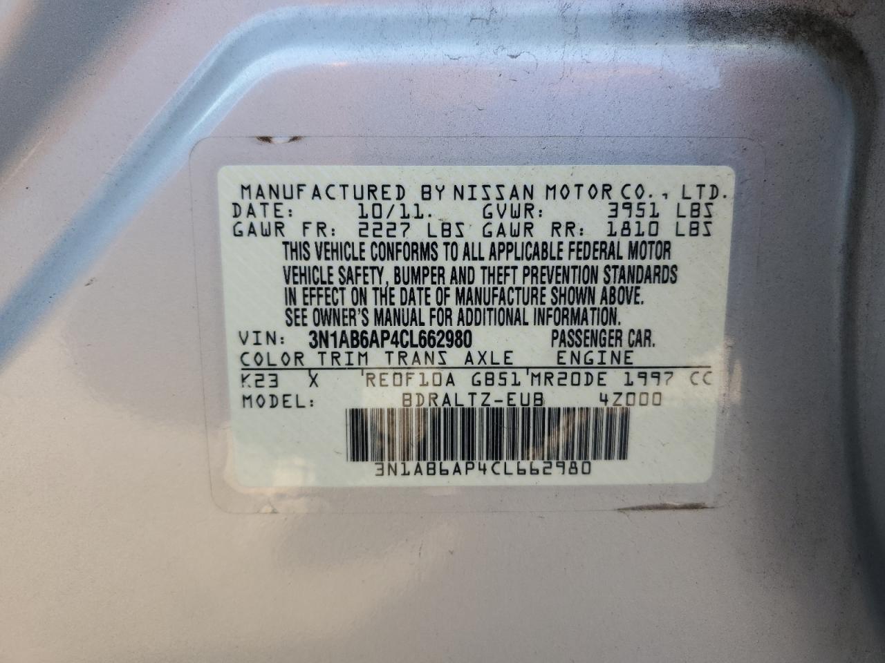 3N1AB6AP4CL662980 2012 Nissan Sentra 2.0