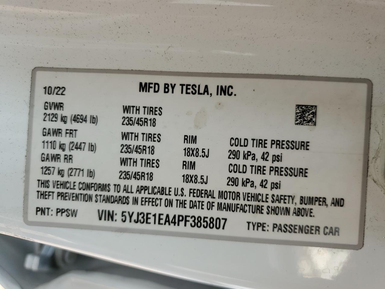 5YJ3E1EA4PF385807 2023 Tesla Model 3