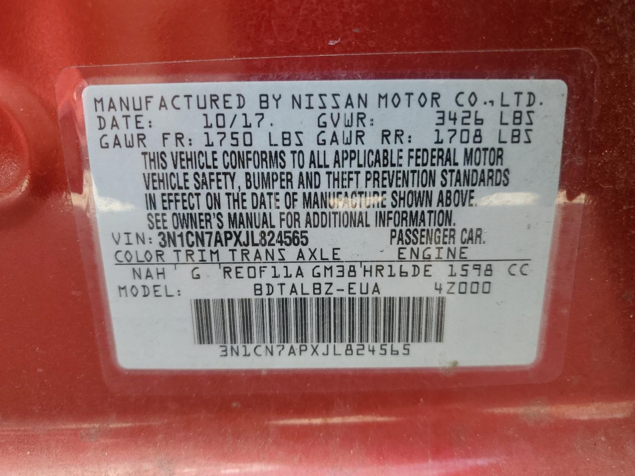 3N1CN7APXJL824565 2018 Nissan Versa S