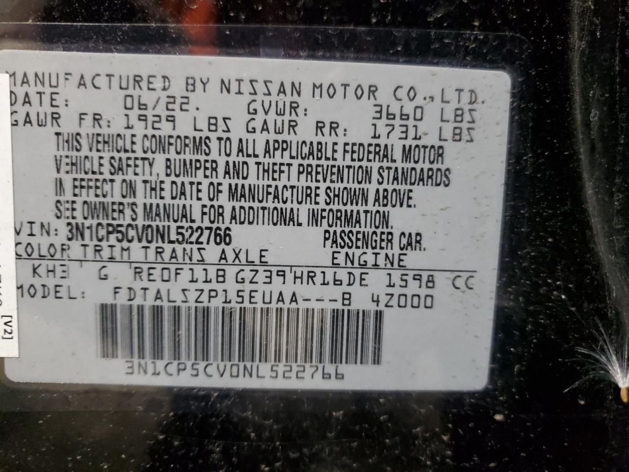 3N1CP5CV0NL522766 2022 Nissan Kicks Sv