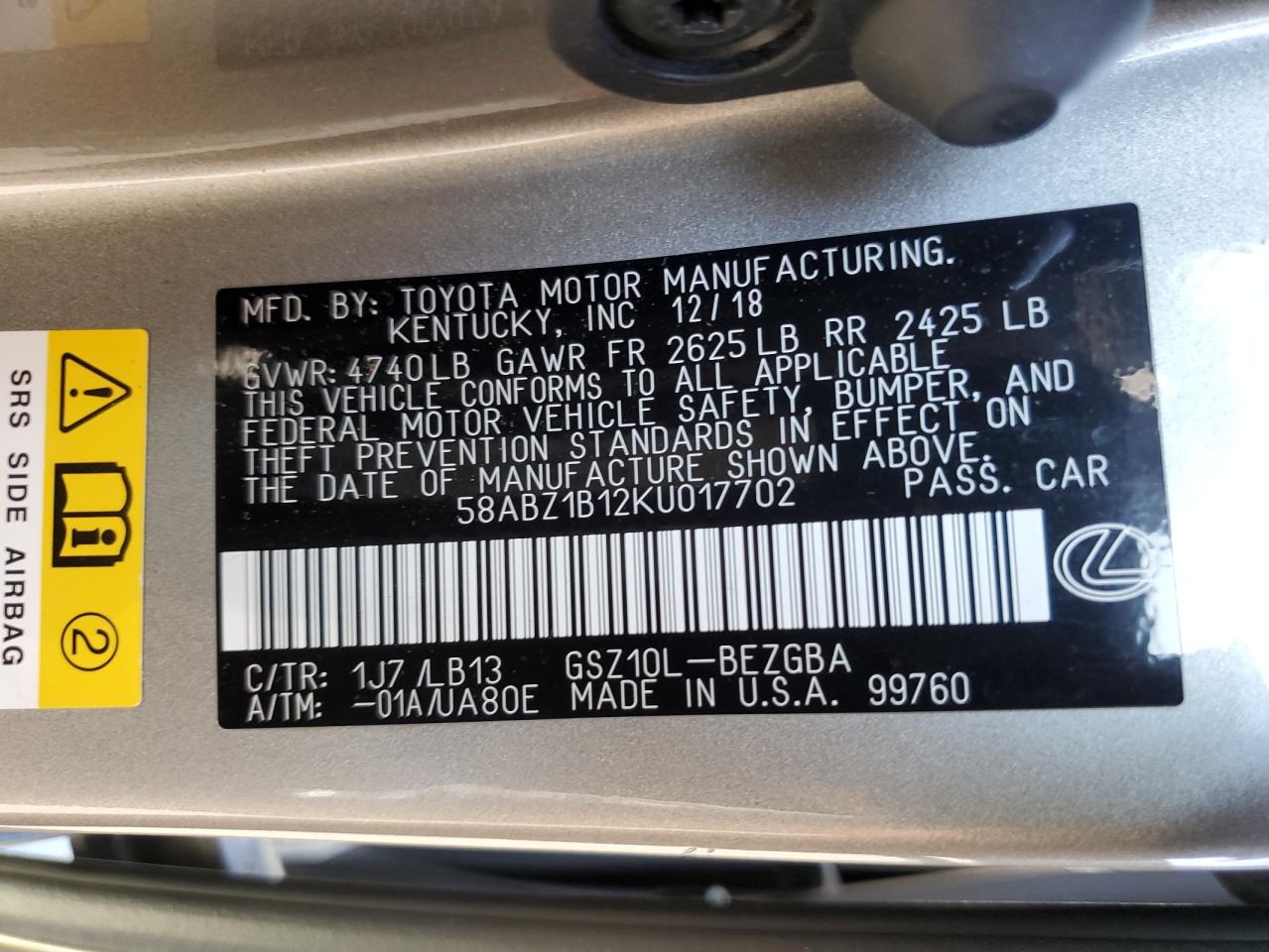 58ABZ1B12KU017702 2019 Lexus Es 350