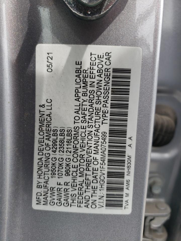 2021 Honda Accord Exl VIN: 1HGCV1F54MA075499 Lot: 70851004