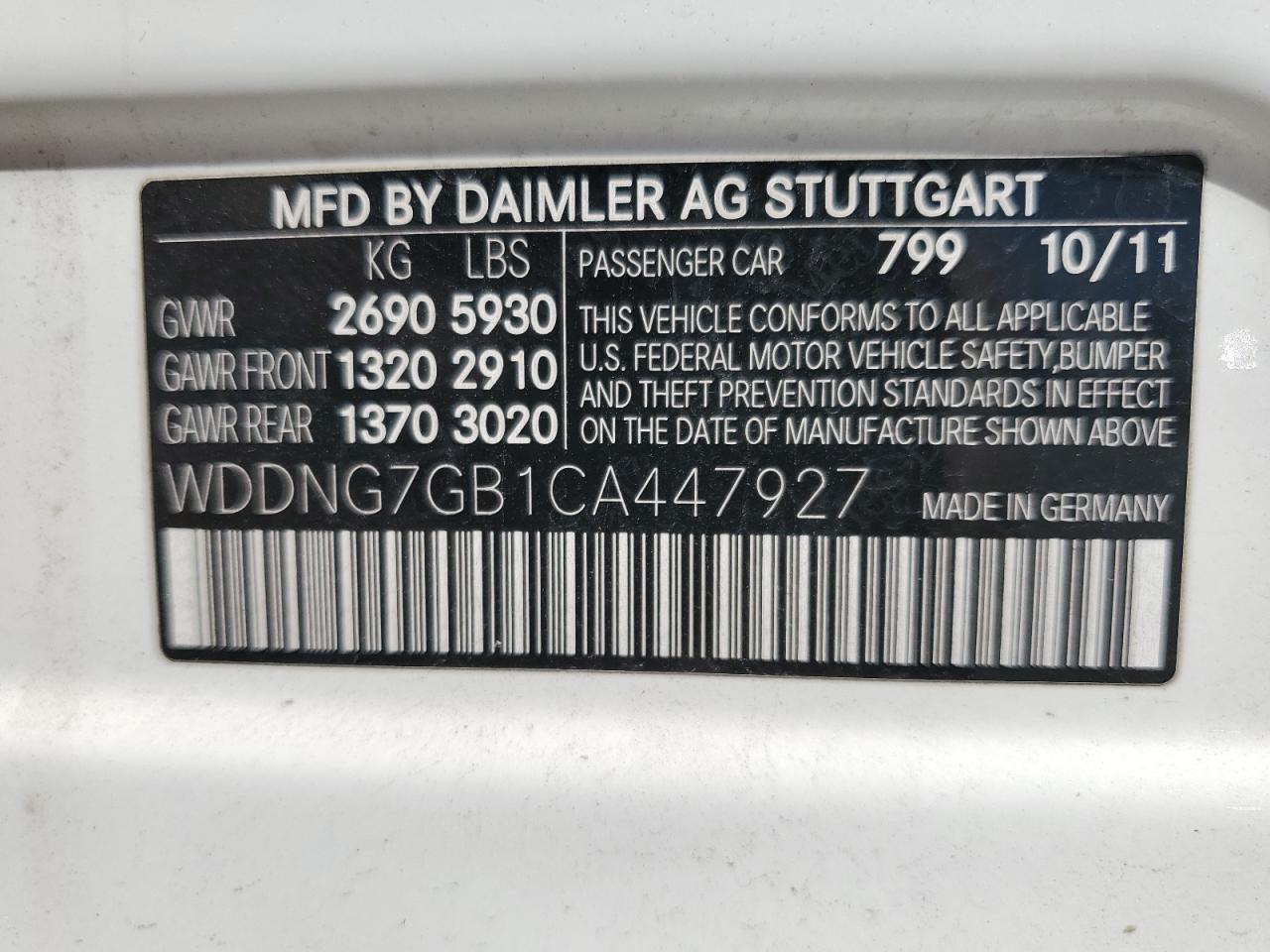 WDDNG7GB1CA447927 2012 Mercedes-Benz S S600