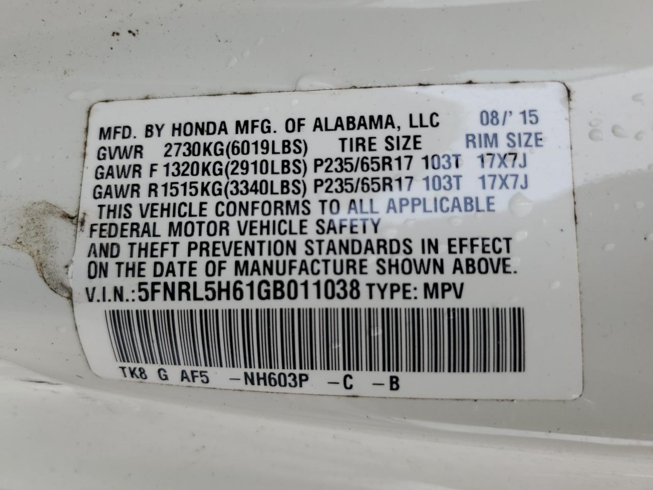 5FNRL5H61GB011038 2016 HONDA ODYSSEY - Image 14