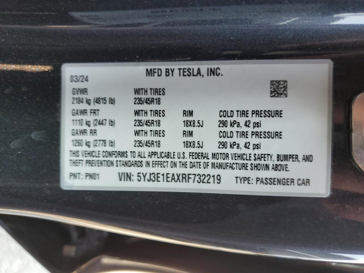 2024 Tesla Model 3 VIN: 5YJ3E1EAXRF732219 Lot: 70530844