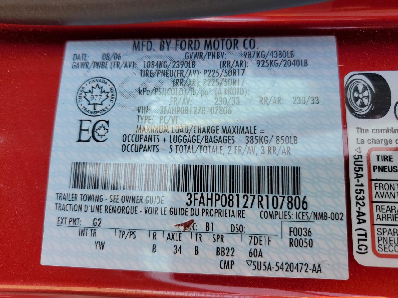 2007 Ford Fusion Sel VIN: 3FAHP08127R107806 Lot: 69987054