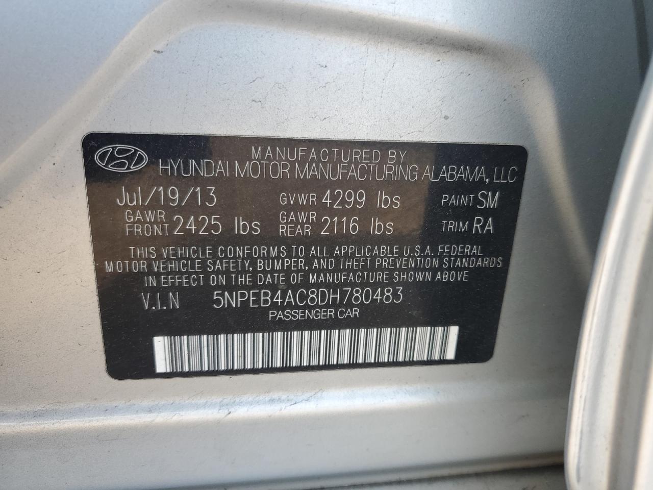 5NPEB4AC8DH780483 2013 Hyundai Sonata Gls