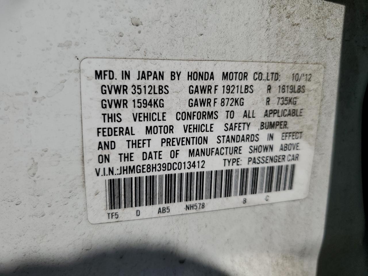 JHMGE8H39DC013412 2013 Honda Fit