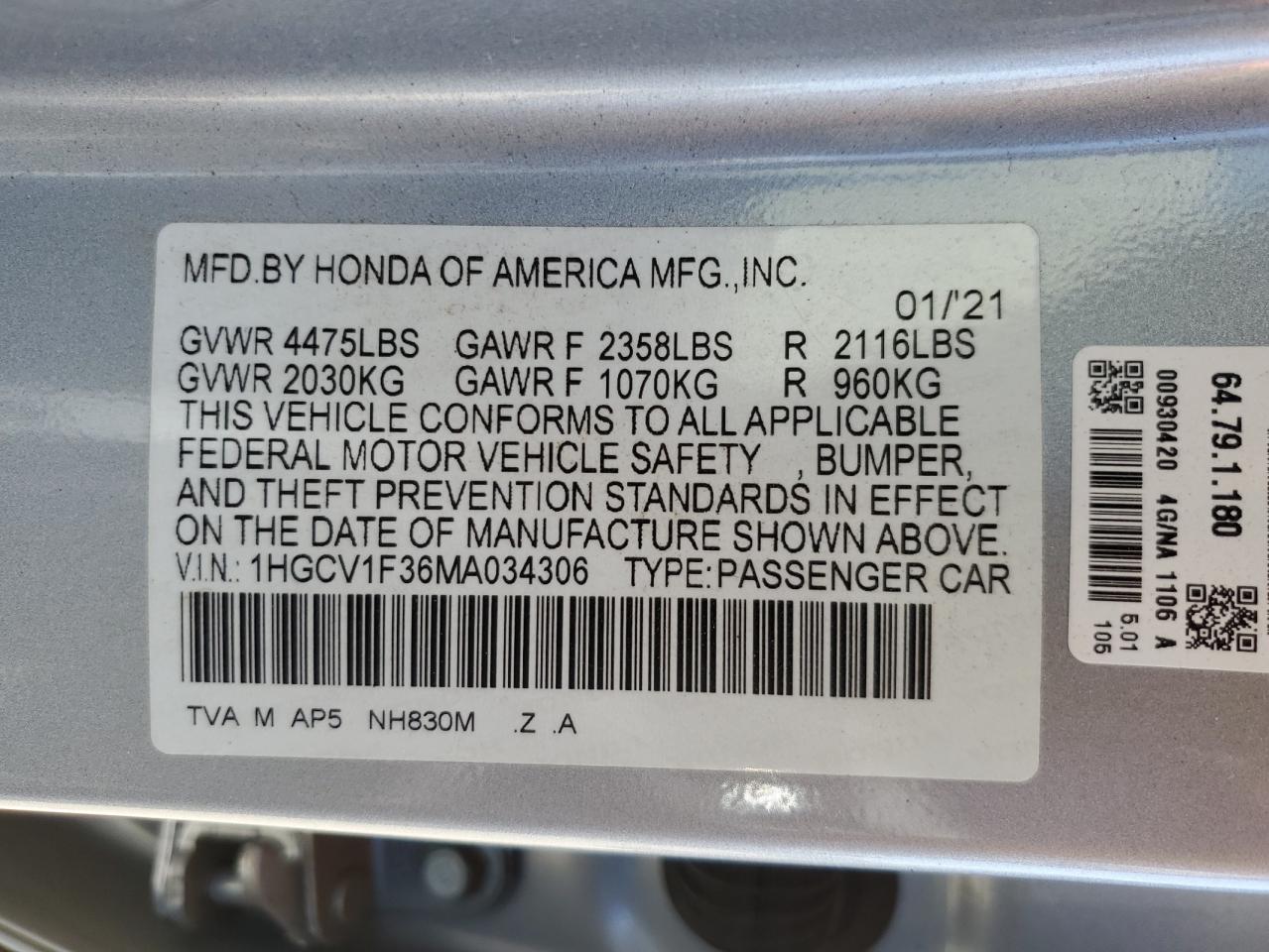 1HGCV1F36MA034306 2021 Honda Accord Sport