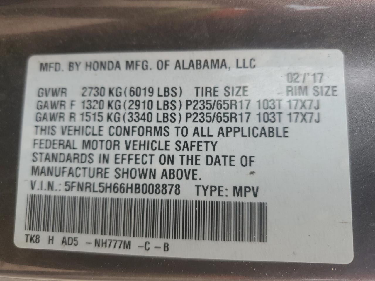 5FNRL5H66HB008878 2017 Honda Odyssey Exl