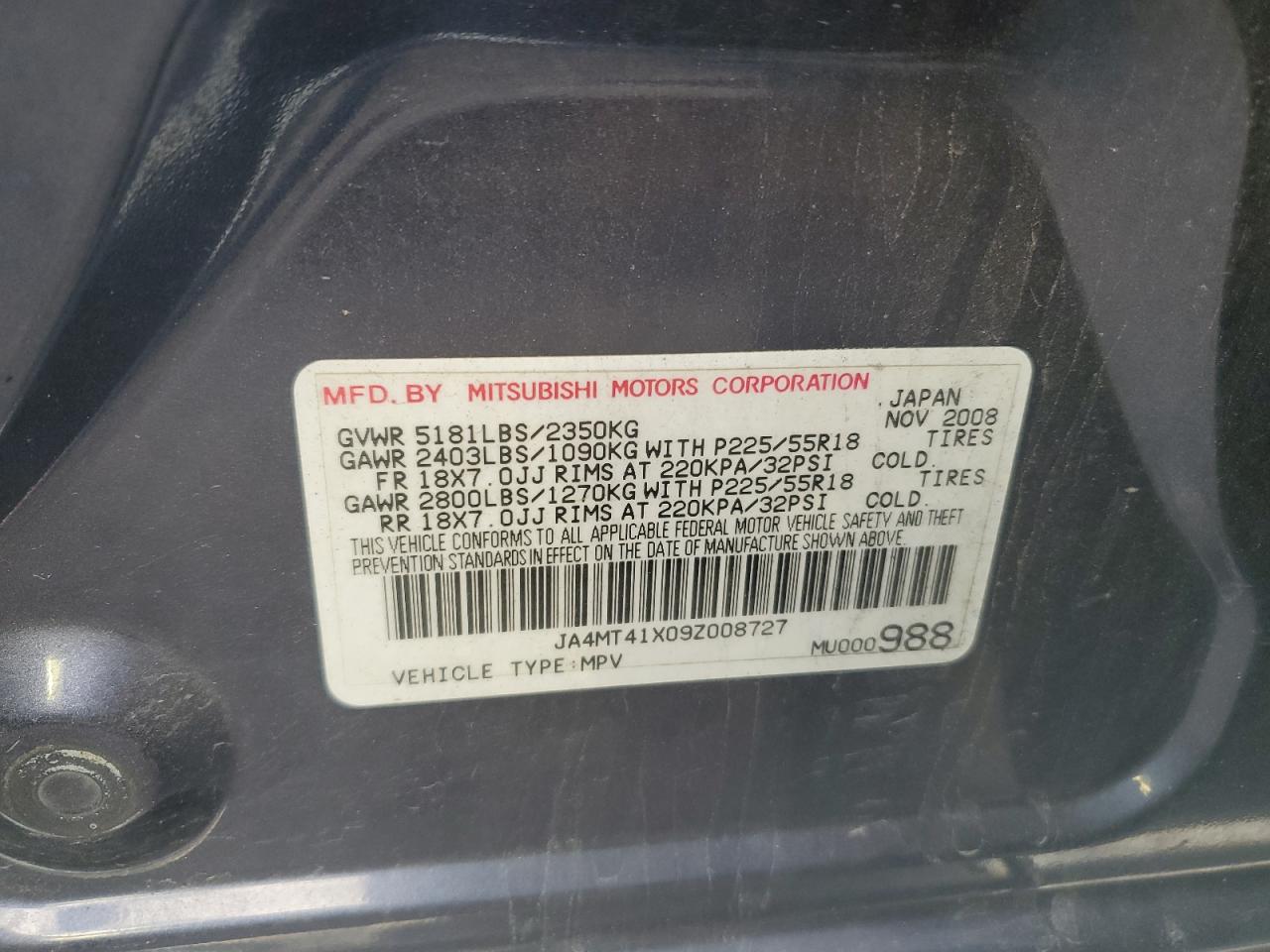 JA4MT41X09Z008727 2009 Mitsubishi Outlander Xls