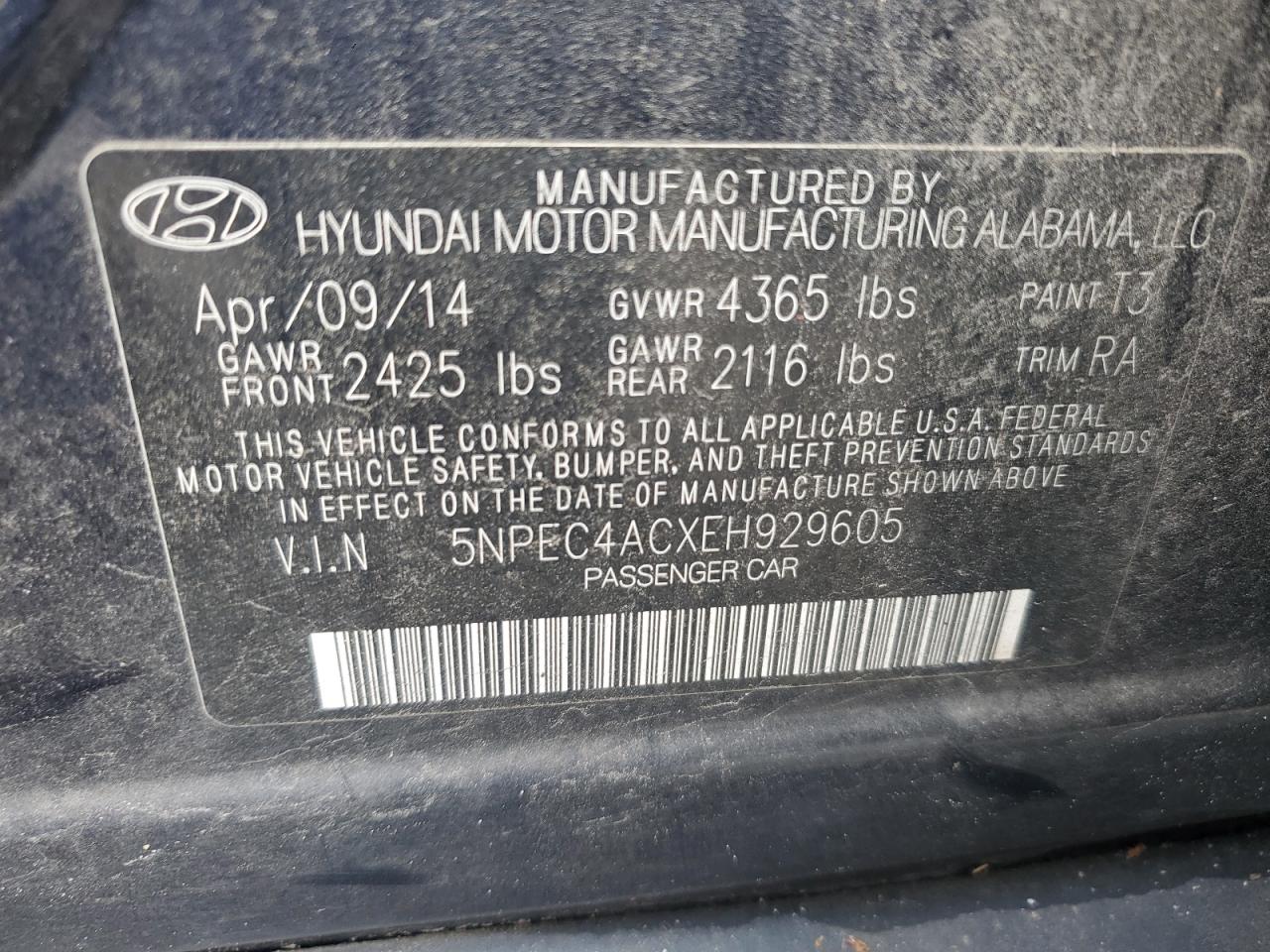 5NPEC4ACXEH929605 2014 Hyundai Sonata Se