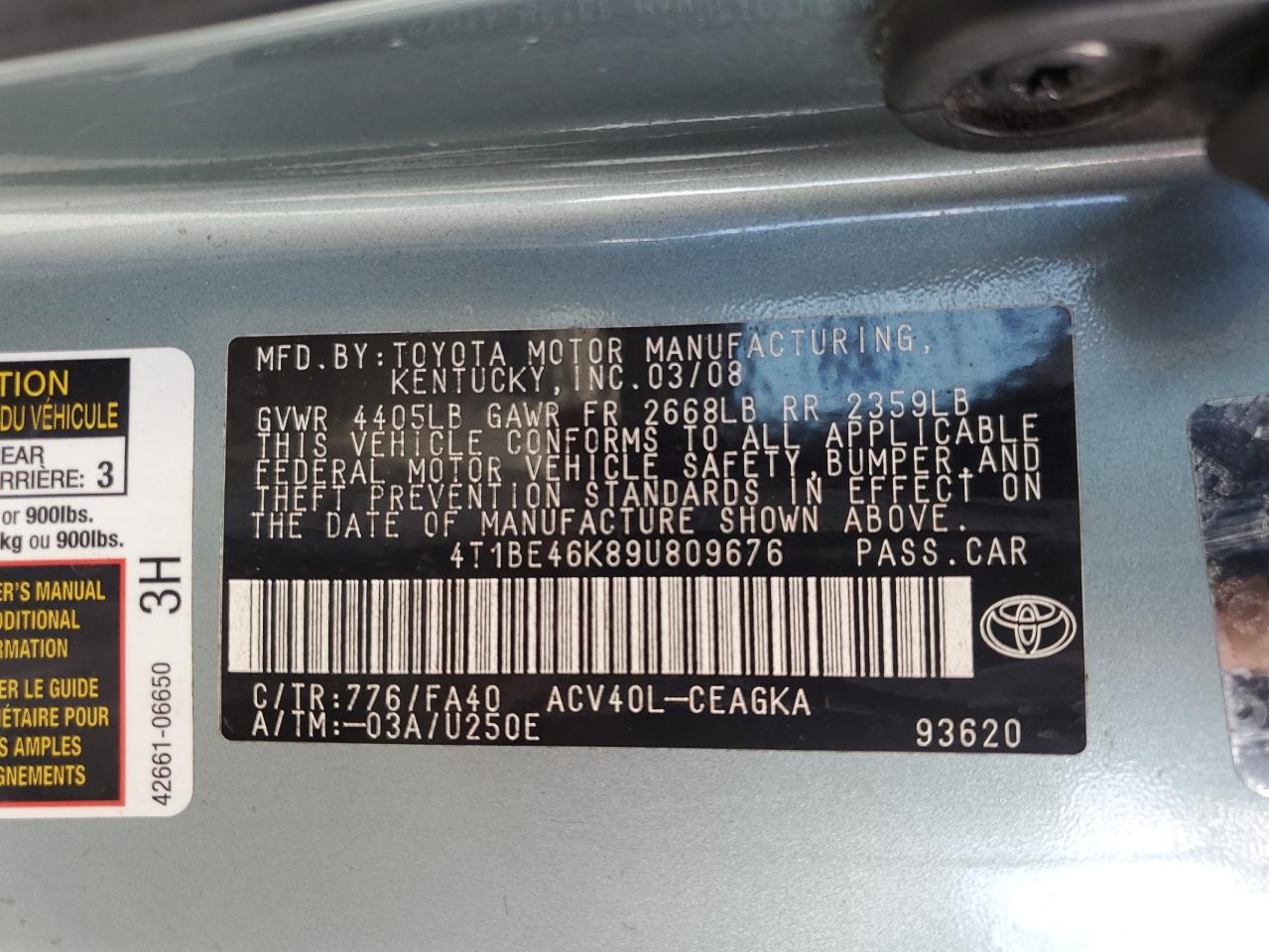 2009 Toyota Camry Base VIN: 4T1BE46K89U809676 Lot: 72042884