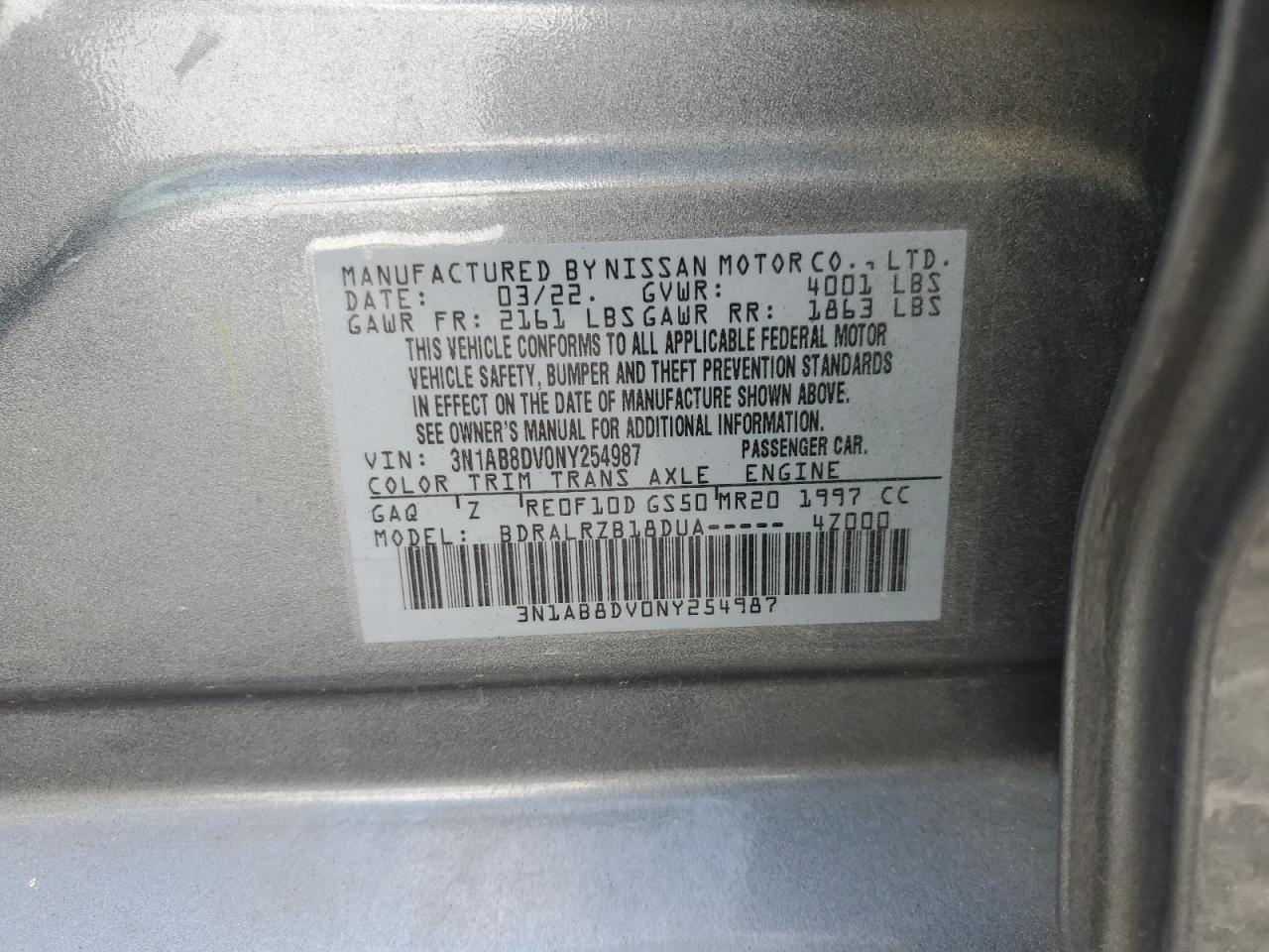 2022 Nissan Sentra Sr VIN: 3N1AB8DV0NY254987 Lot: 72642764