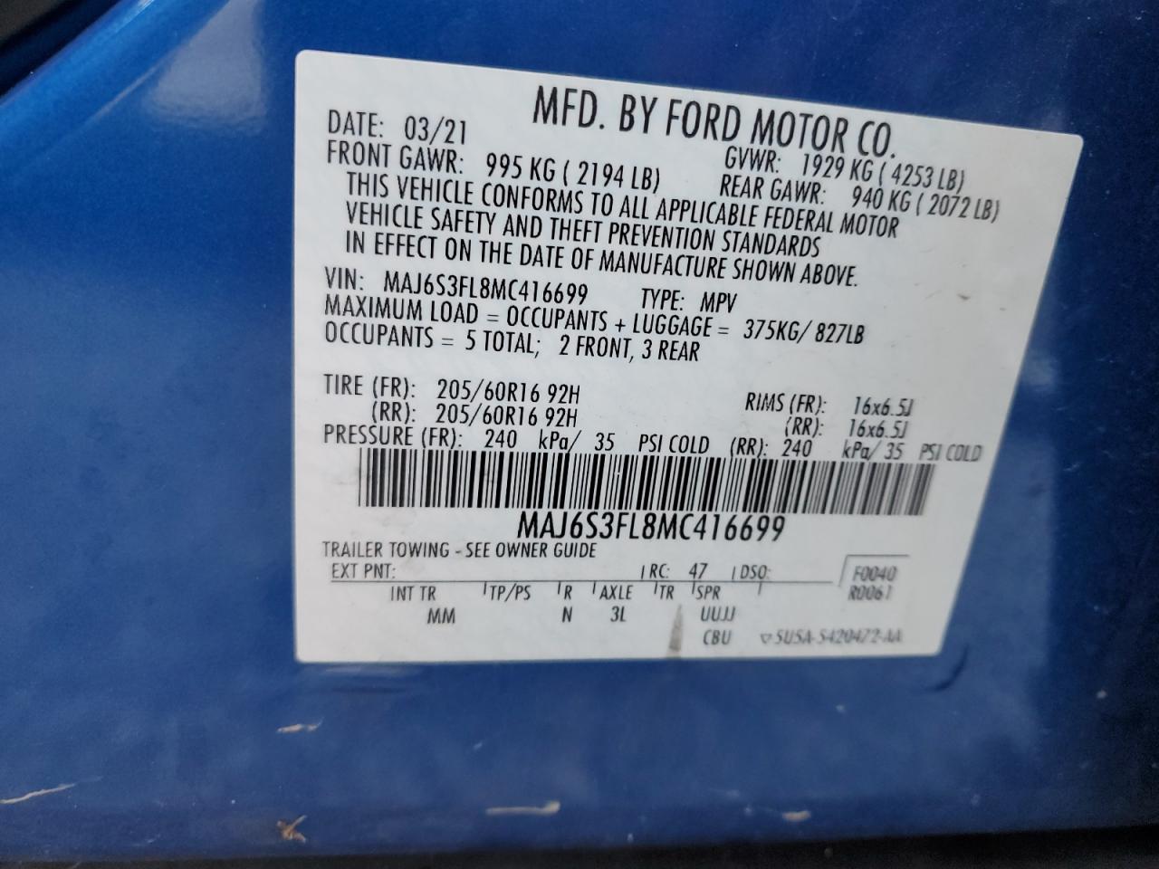 VIN MAJ6S3FL8MC416699 2021 FORD ECOSPORT no.13