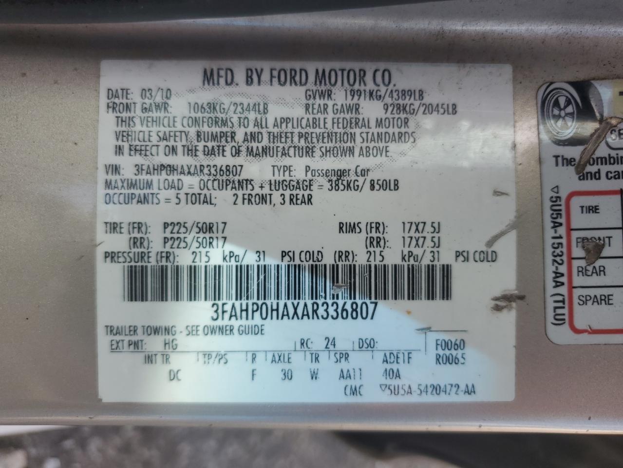 3FAHP0HAXAR336807 2010 Ford Fusion Se