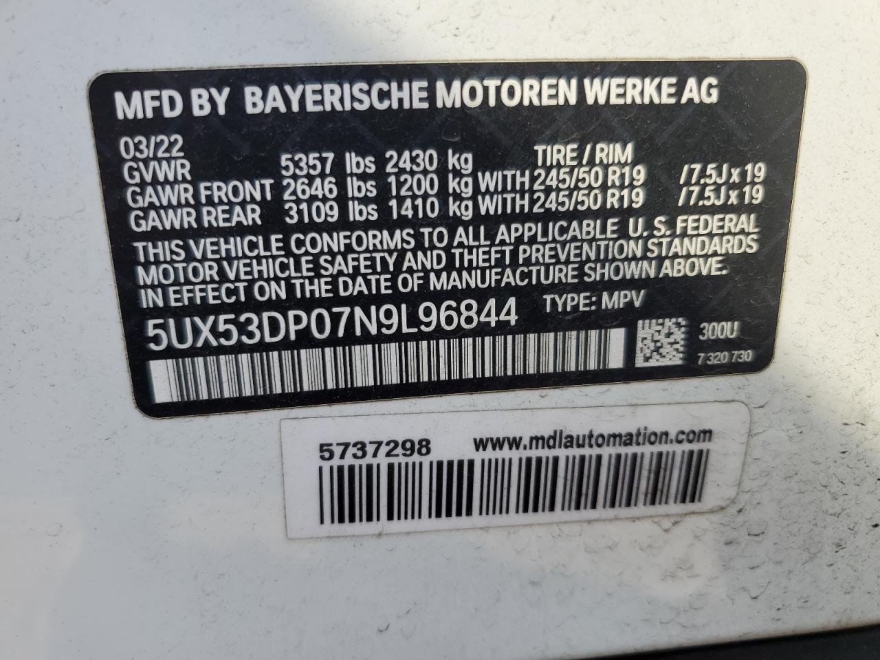 5UX53DP07N9L96844 2022 BMW X3 xDrive30I