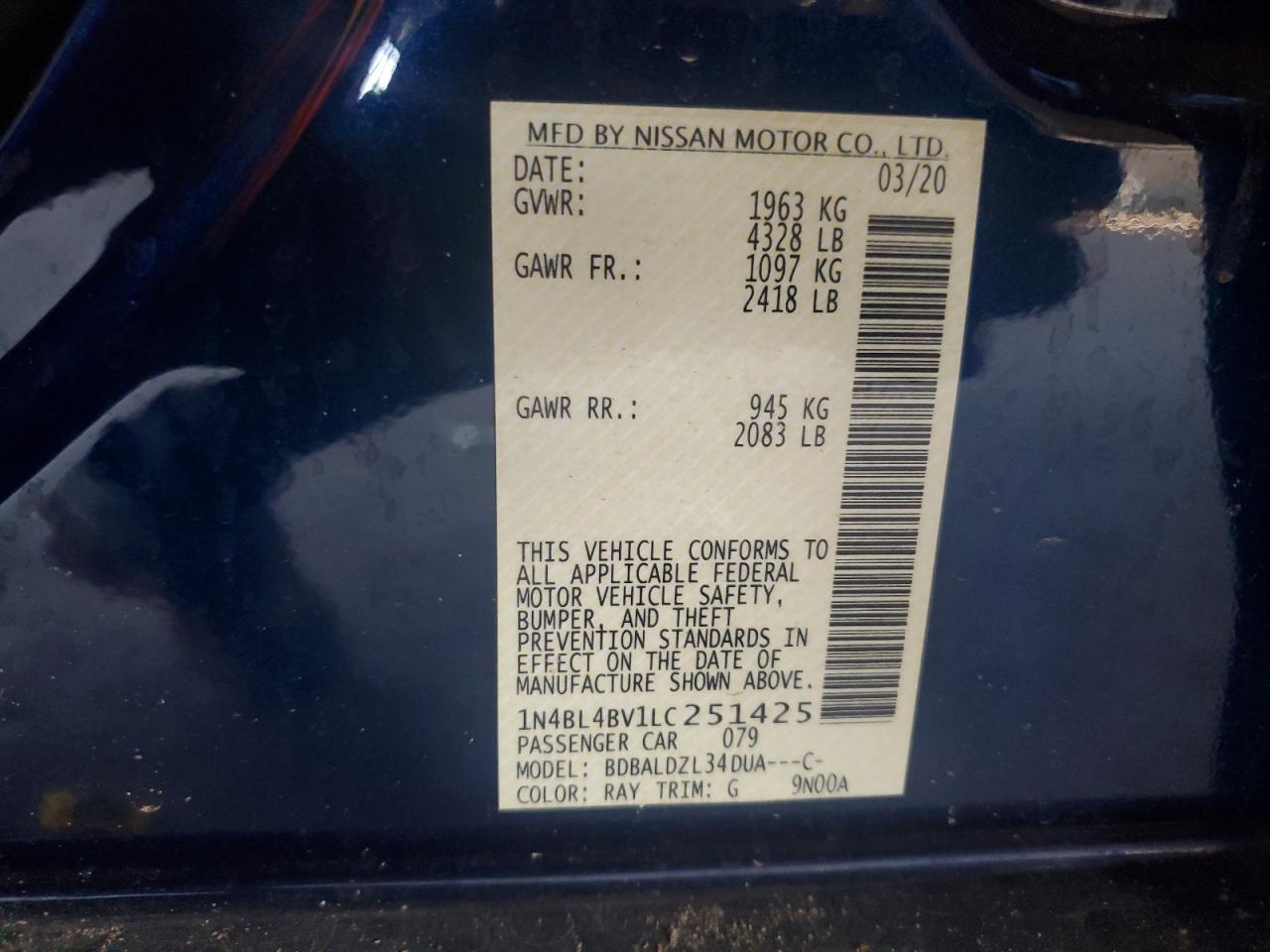 1N4BL4BV1LC251425 2020 Nissan Altima S