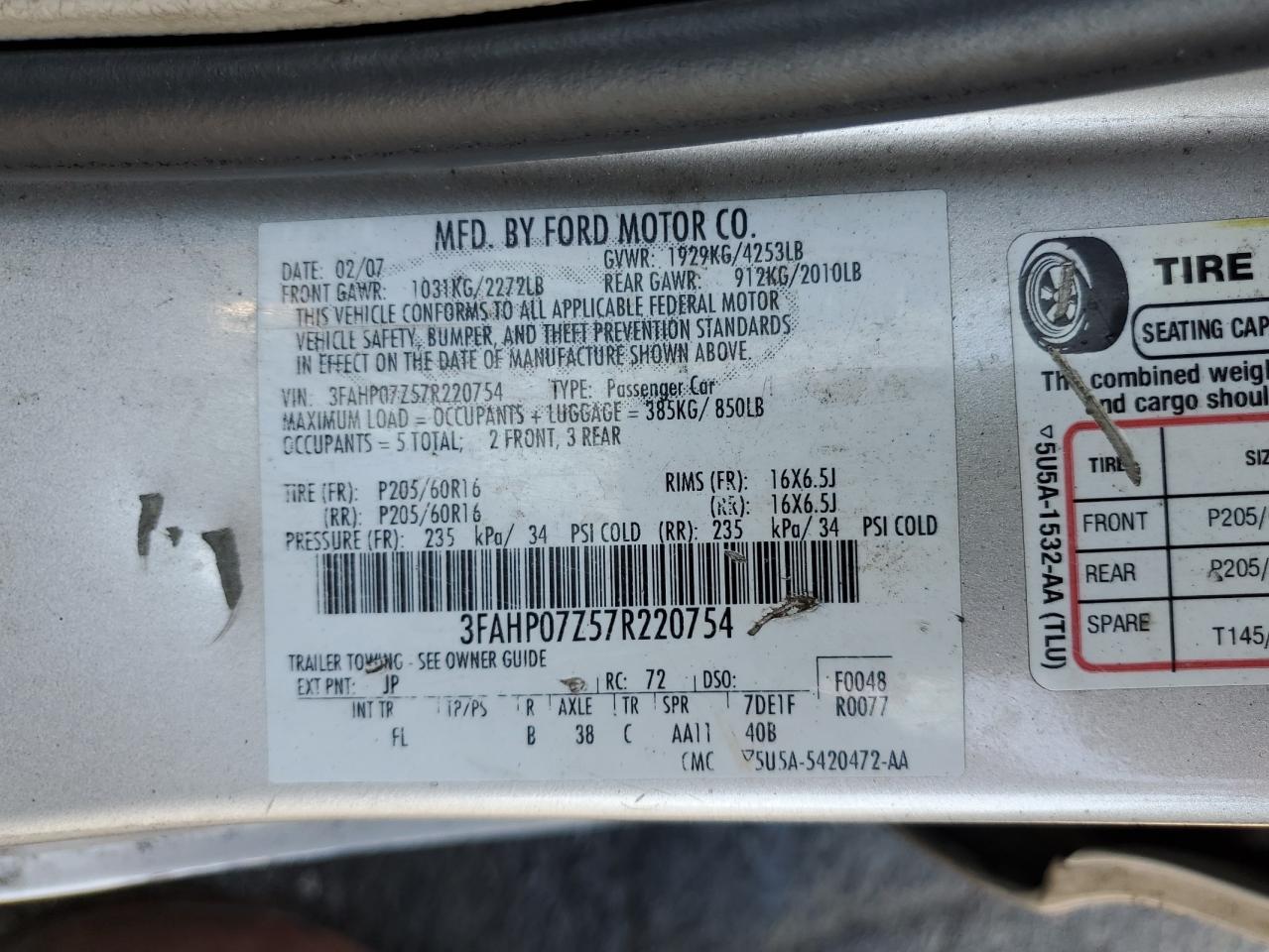 3FAHP07Z57R220754 2007 Ford Fusion Se