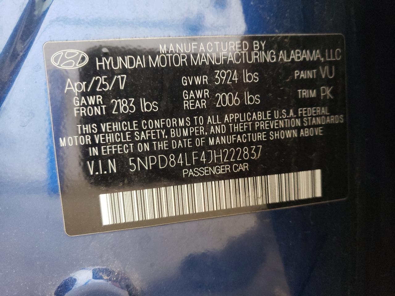 5NPD84LF4JH222837 2018 Hyundai Elantra Sel