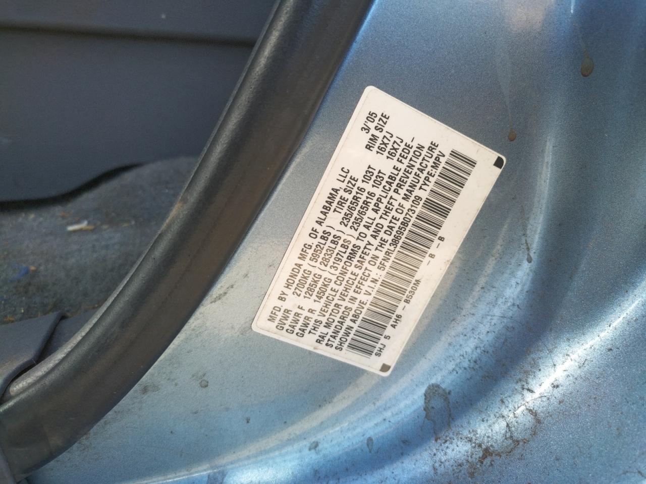 5FNRL38695B073109 2005 Honda Odyssey Exl