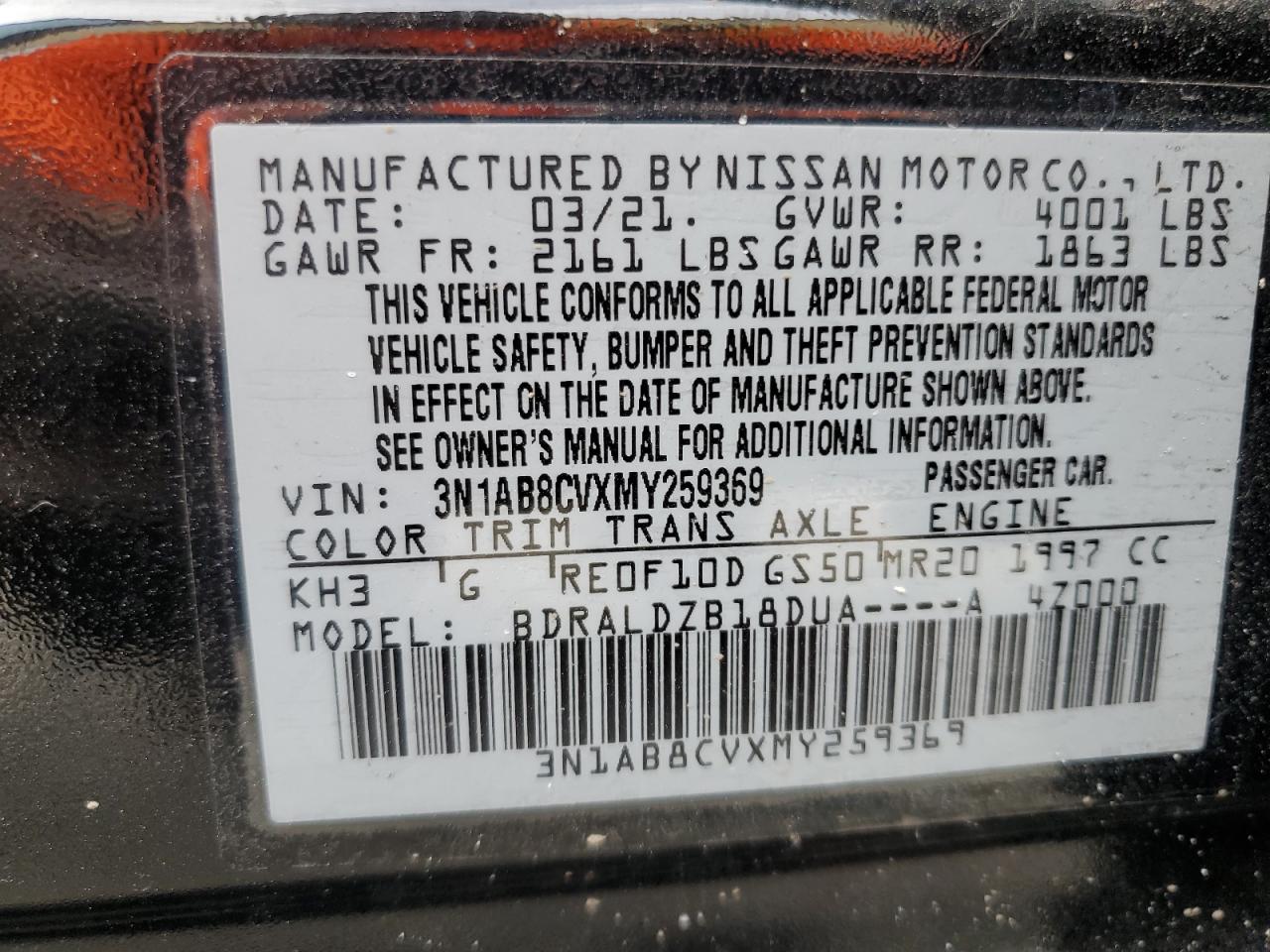 3N1AB8CVXMY259369 2021 Nissan Sentra Sv