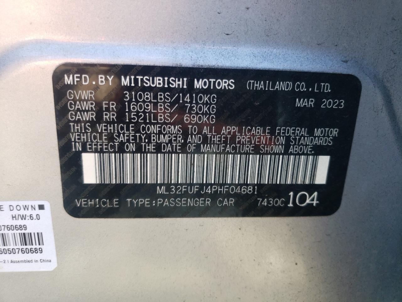 2023 Mitsubishi Mirage G4 Es VIN: ML32FUFJ4PHF04681 Lot: 70324174