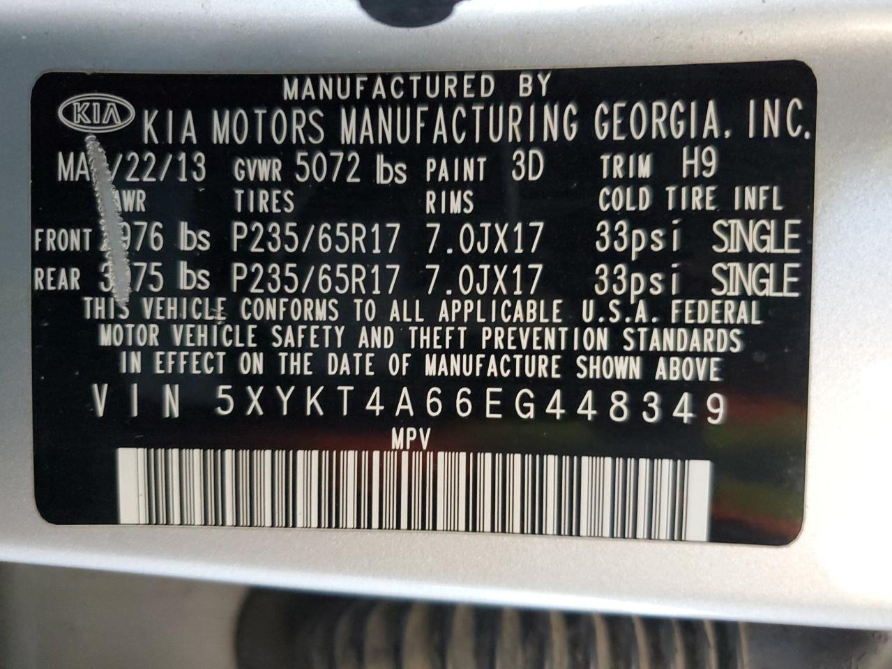 5XYKT4A66EG448349 2014 Kia Sorento Lx