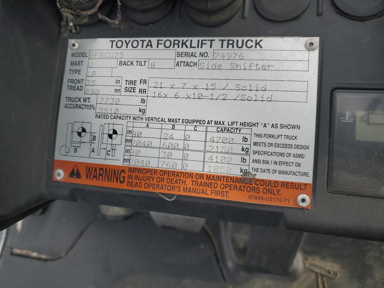 2016 Toyota Forklift VIN: 8FGCU2574976 Lot: 72288044