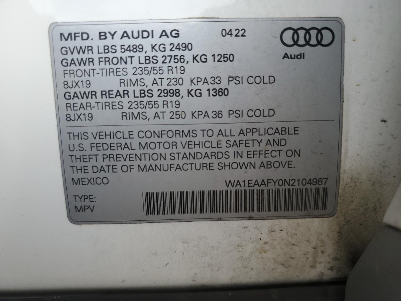 WA1EAAFY0N2104967 2022 Audi Q5 Premium Plus 45