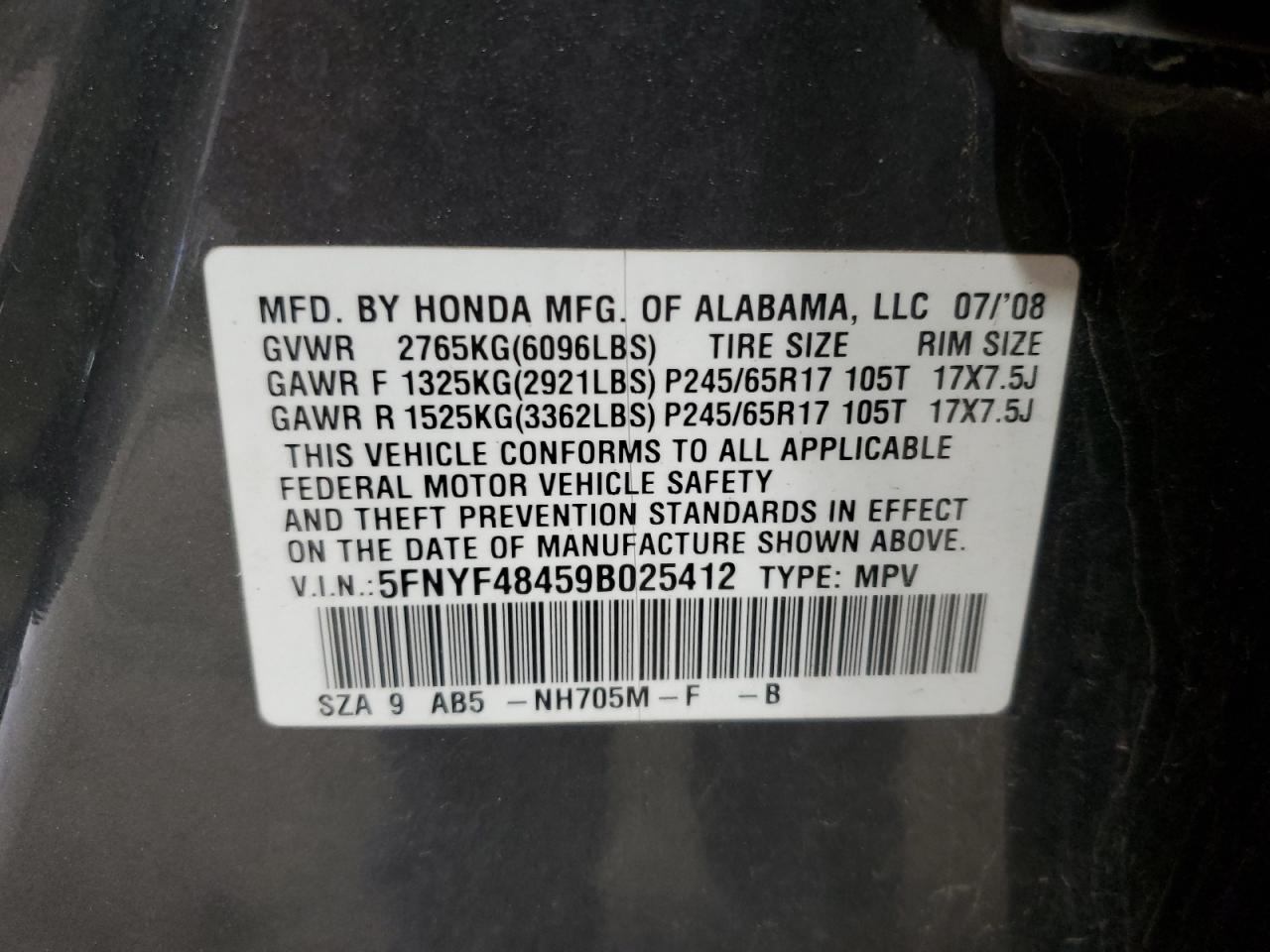 5FNYF48459B025412 2009 Honda Pilot Ex