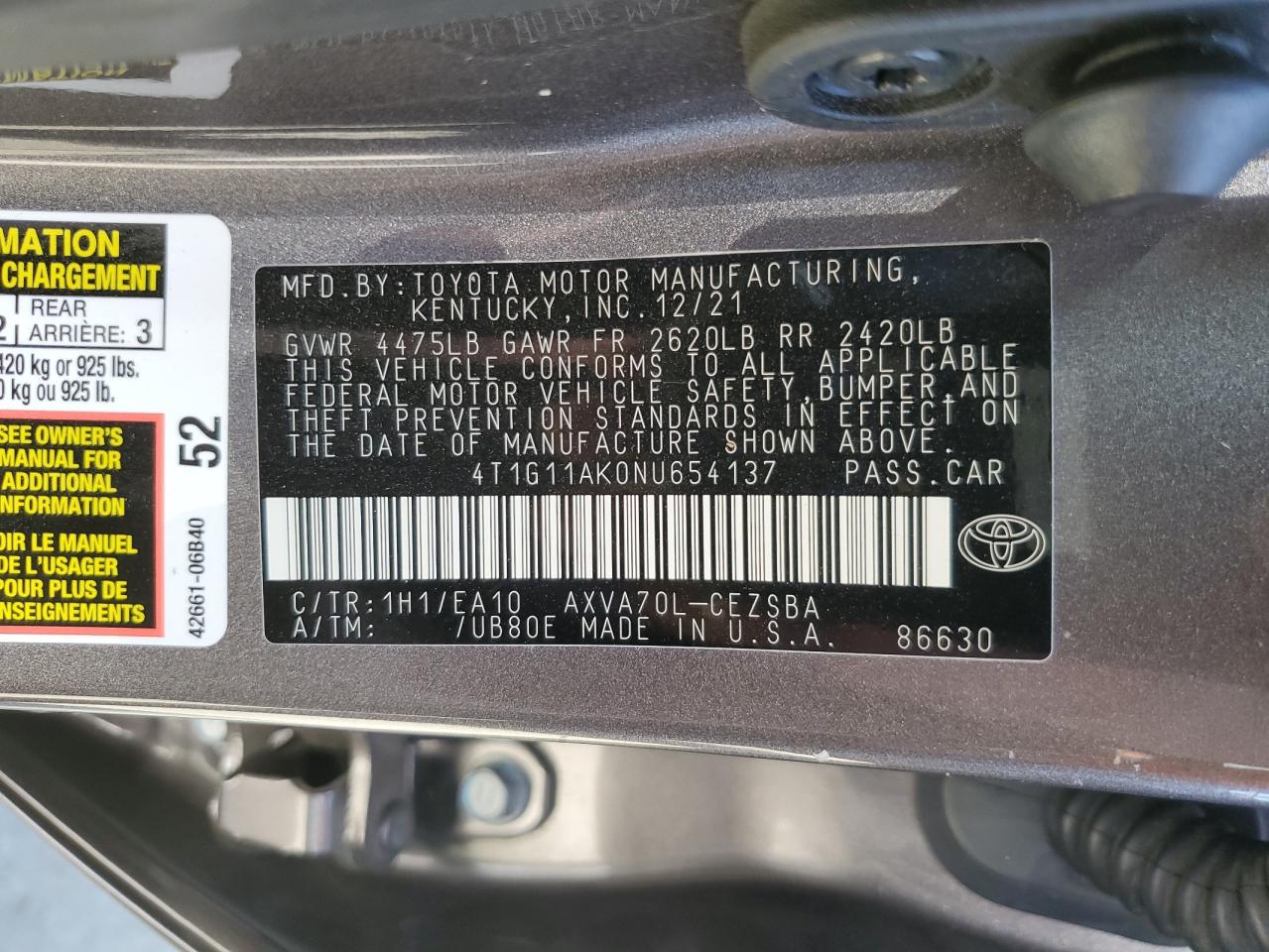 4T1G11AK0NU654137 2022 Toyota Camry Se