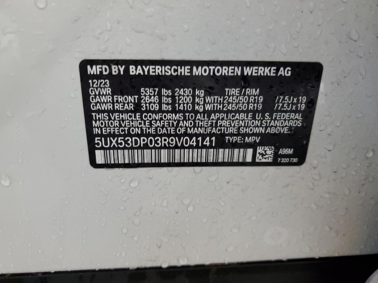 2024 BMW X3 xDrive30I VIN: 5UX53DP03R9V04141 Lot: 72823994