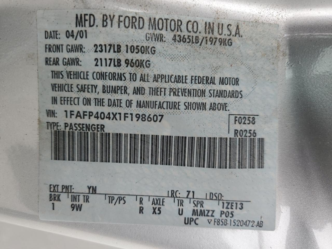 1FAFP404X1F198607 2001 Ford Mustang