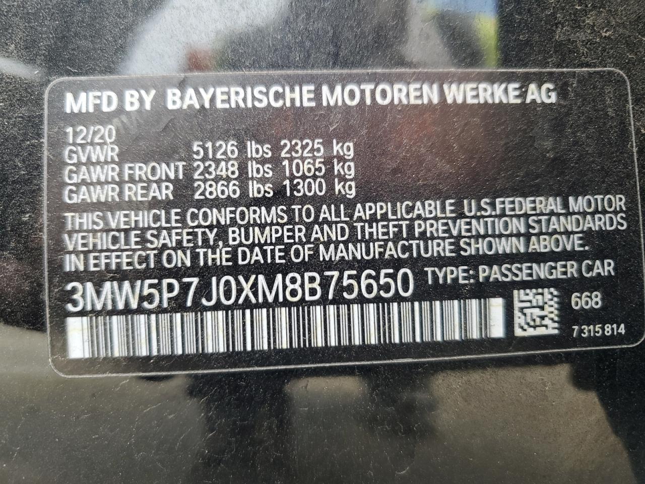 2021 BMW 330E VIN: 3MW5P7J0XM8B75650 Lot: 72026324