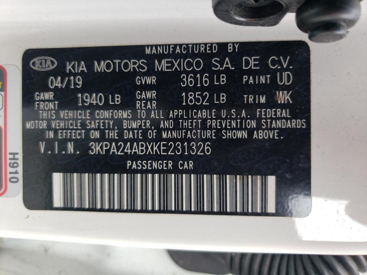 3KPA24ABXKE231326 2019 Kia Rio S